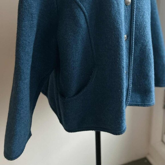 Geiger Petrol Blue Boiled Wool Cardigan Jacket w/ Pockets & Silver Buttons EU 50 - Picture 2 of 11